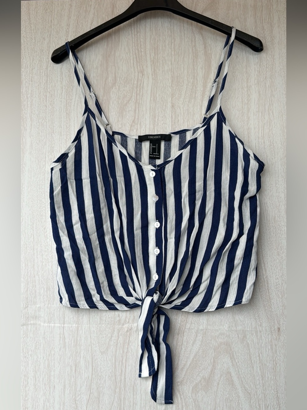 Forever 21 Navy & White Vertical Stripe Tie-Front Cami